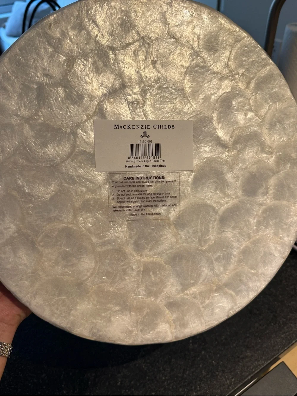 MacKenzie Childs Round Checkerboard Mosaic Tray — White & Gray